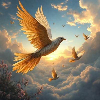 The primary subject of the image is a bird, which is flying through a cloudy sky. The bird is surrounded by a flock of birds, creating a sense of movement and freedom. The setting is a cloudy sky, which adds to the overall atmosphere of the image. The visual style is a combination of photo and digital art, creating a realistic yet artistic representation of the bird and its surroundings. The colors in the image are predominantly shades of white, gray, and blue, which contribute to the overall m